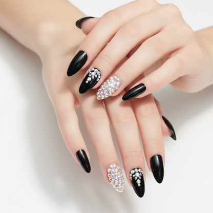 Midnight Magic | Diamond Black | 3D Crystal Design | Nail Art | Glossy | Almond, Stiletto | Long | Reusable Press On Nails Set