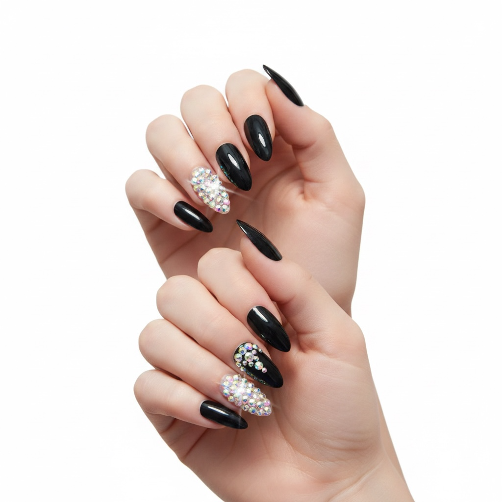 Midnight Magic | Diamond Black | 3D Crystal Design | Nail Art | Glossy | Almond, Stiletto | Long | Reusable Press On Nails Set