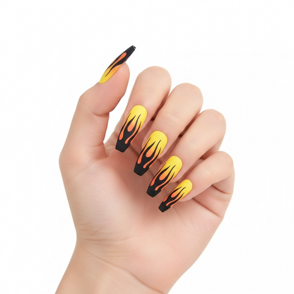 Dancing Heat | Yellow Red Ombre, Black Fire French | Matte | Ballerina | Extra Long | Reusable Press On Nails Set