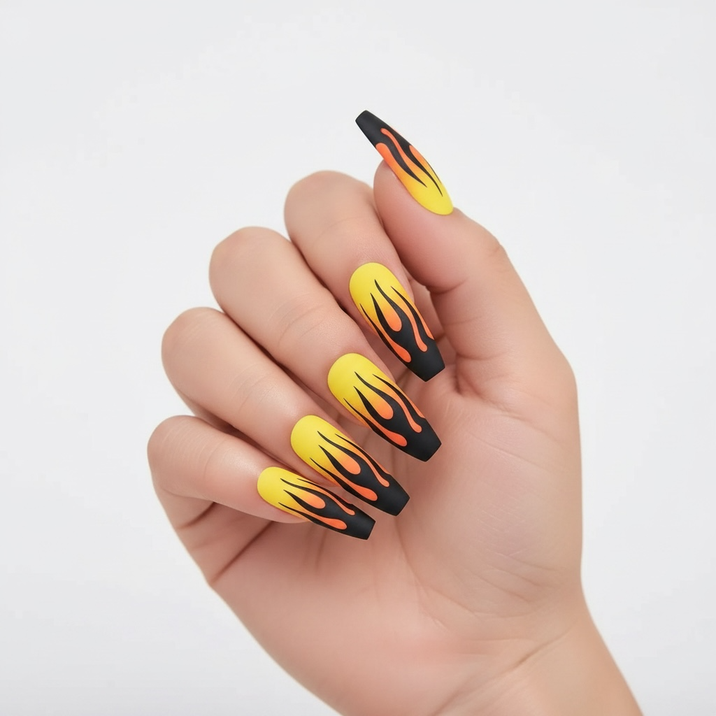 Dancing Heat | Yellow Red Ombre, Black Fire French | Matte | Ballerina | Extra Long | Reusable Press On Nails Set