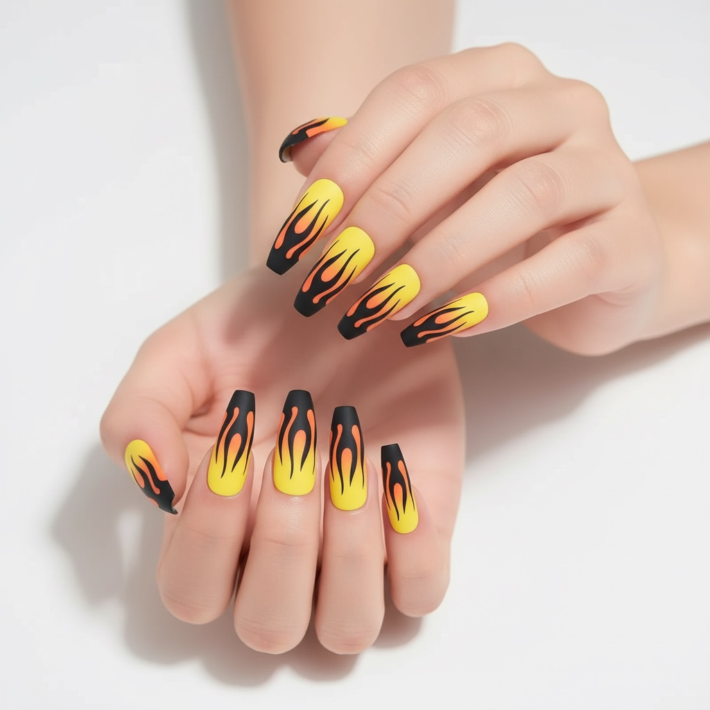 Dancing Heat | Yellow Red Ombre, Black Fire French | Matte | Ballerina | Extra Long | Reusable Press On Nails Set