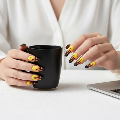 Dancing Heat | Yellow Red Ombre, Black Fire French | Matte | Ballerina | Extra Long | Reusable Press On Nails Set