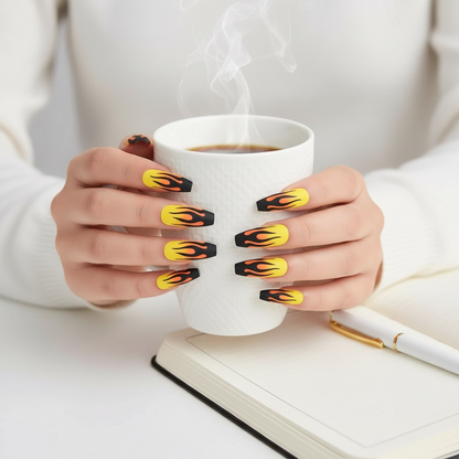 Dancing Heat | Yellow Red Ombre, Black Fire French | Matte | Ballerina | Extra Long | Reusable Press On Nails Set
