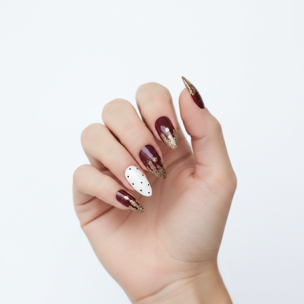 Chic Circus | Dark Red Burgundy White Gold French | Glossy | Almond Stiletto | Long | Reusable Press On Nails Set