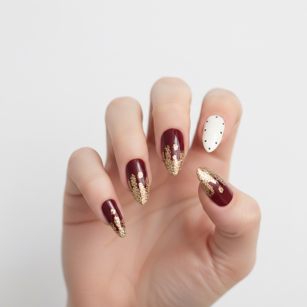 Chic Circus | Dark Red Burgundy White Gold French | Glossy | Almond Stiletto | Long | Reusable Press On Nails Set