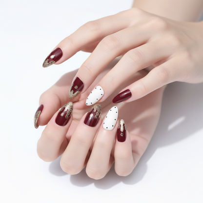 Chic Circus | Dark Red Burgundy White Gold French | Glossy | Almond Stiletto | Long | Reusable Press On Nails Set