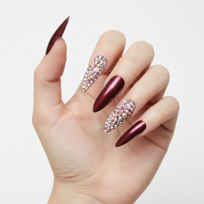 Merlot Kiss | Diamond Red Burgundy | 3D Crystal Design | Nail Art | Glossy | Sharp, Stiletto | Extra Long | Reusable Press On Nails Set