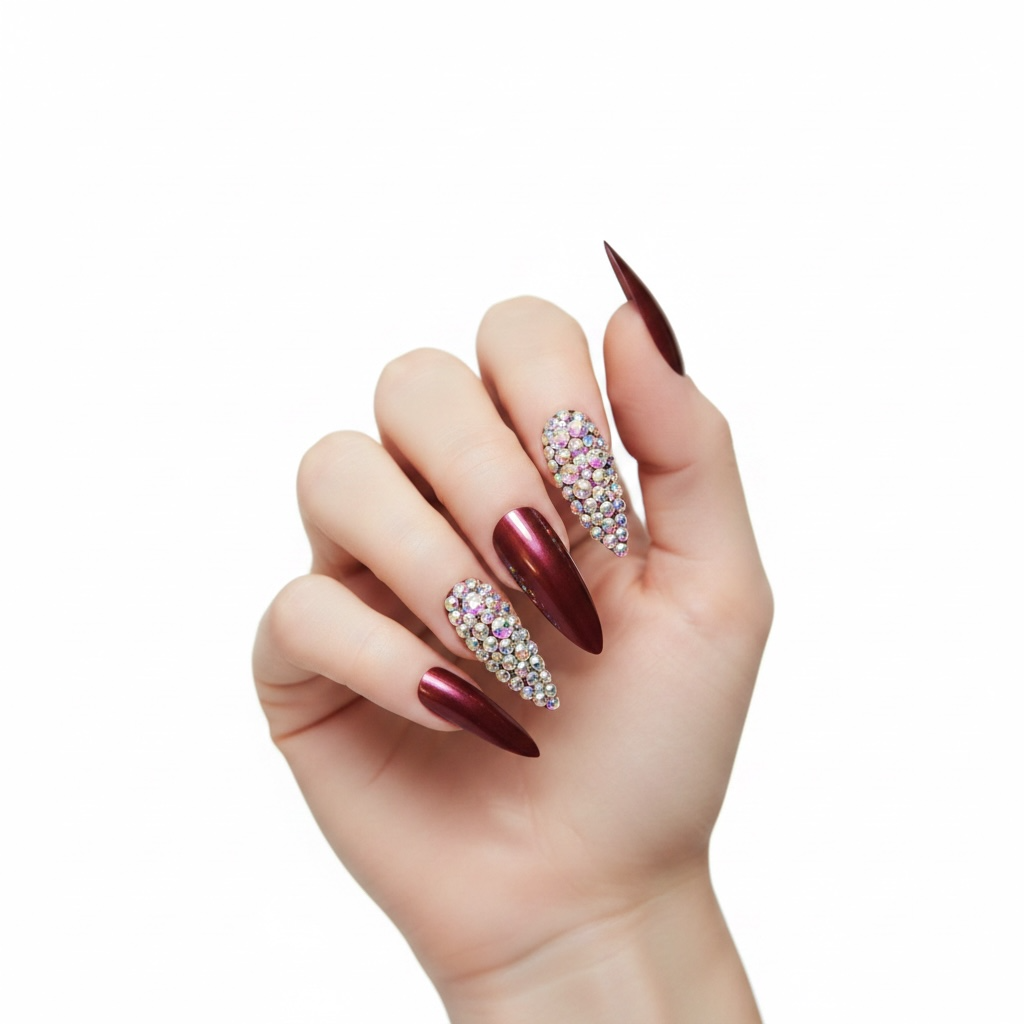 Merlot Kiss | Diamond Red Burgundy | 3D Crystal Design | Nail Art | Glossy | Sharp, Stiletto | Extra Long | Reusable Press On Nails Set