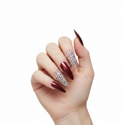 Merlot Kiss | Diamond Red Burgundy | 3D Crystal Design | Nail Art | Glossy | Sharp, Stiletto | Extra Long | Reusable Press On Nails Set