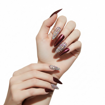 Merlot Kiss | Diamond Red Burgundy | 3D Crystal Design | Nail Art | Glossy | Sharp, Stiletto | Extra Long | Reusable Press On Nails Set