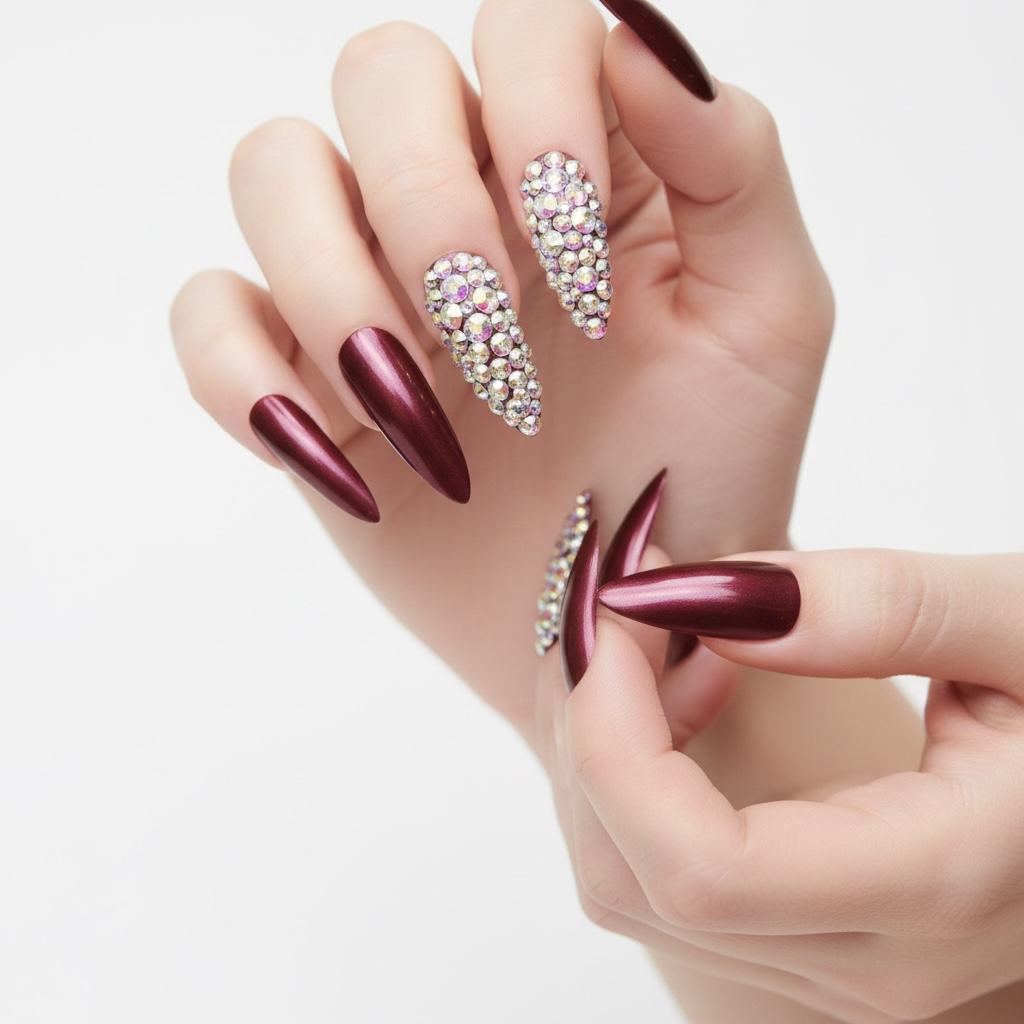 Merlot Kiss | Diamond Red Burgundy | 3D Crystal Design | Nail Art | Glossy | Sharp, Stiletto | Extra Long | Reusable Press On Nails Set