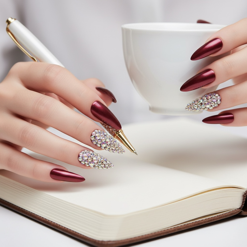 Merlot Kiss | Diamond Red Burgundy | 3D Crystal Design | Nail Art | Glossy | Sharp, Stiletto | Extra Long | Reusable Press On Nails Set