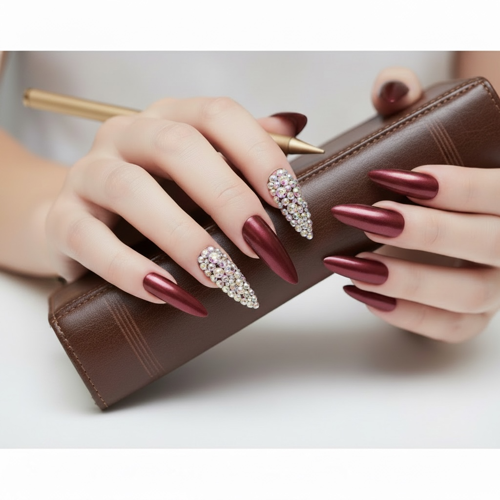 Merlot Kiss | Diamond Red Burgundy | 3D Crystal Design | Nail Art | Glossy | Sharp, Stiletto | Extra Long | Reusable Press On Nails Set
