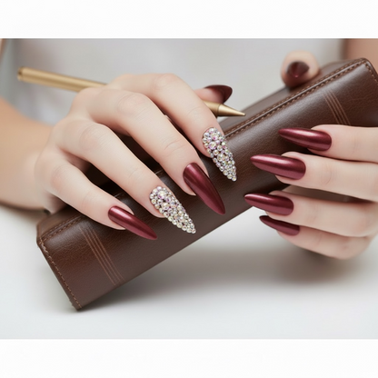 Merlot Kiss | Diamond Red Burgundy | 3D Crystal Design | Nail Art | Glossy | Sharp, Stiletto | Extra Long | Reusable Press On Nails Set