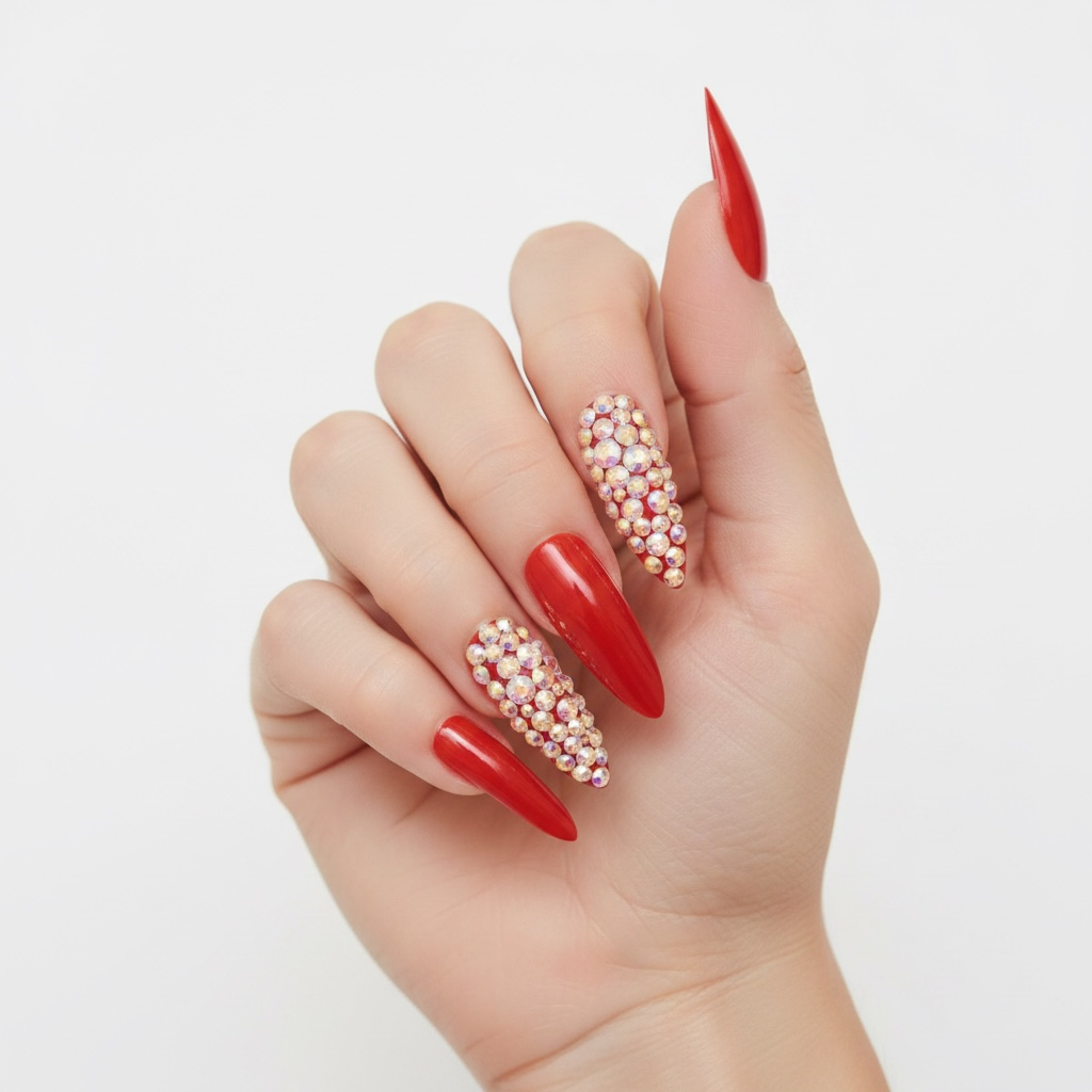 Rouge Glow | Diamond Red | 3D Crystal Design | Nail Art | Glossy | Sharp, Stiletto | Extra Long | Reusable Press On Nails Set