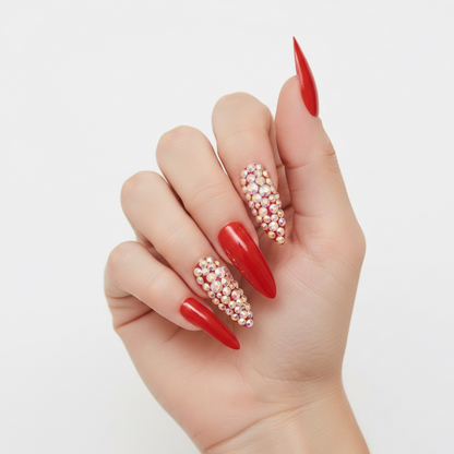 Rouge Glow | Diamond Red | 3D Crystal Design | Nail Art | Glossy | Sharp, Stiletto | Extra Long | Reusable Press On Nails Set