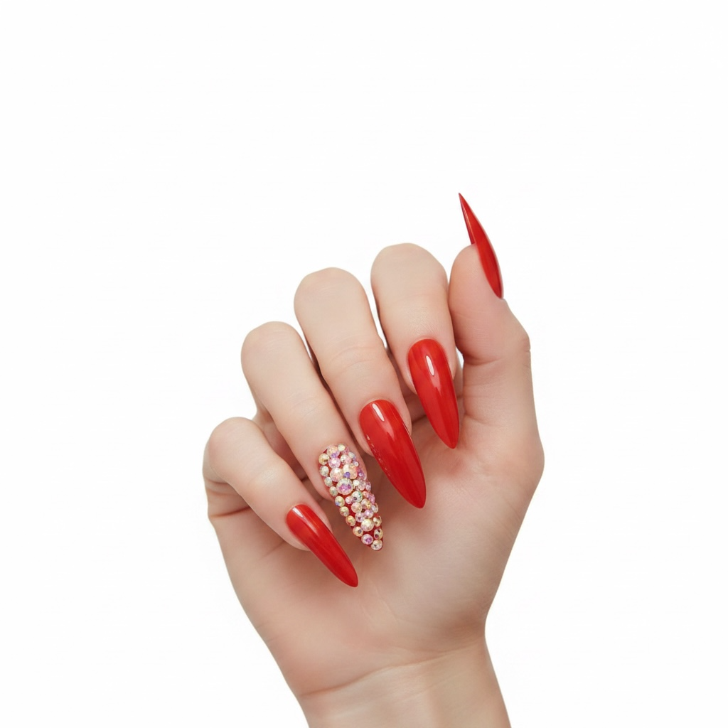 Rouge Glow | Diamond Red | 3D Crystal Design | Nail Art | Glossy | Sharp, Stiletto | Extra Long | Reusable Press On Nails Set