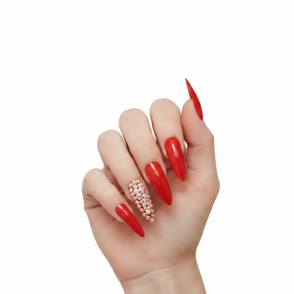 Rouge Glow | Diamond Red | 3D Crystal Design | Nail Art | Glossy | Sharp, Stiletto | Extra Long | Reusable Press On Nails Set