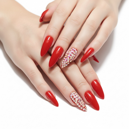 Rouge Glow | Diamond Red | 3D Crystal Design | Nail Art | Glossy | Sharp, Stiletto | Extra Long | Reusable Press On Nails Set