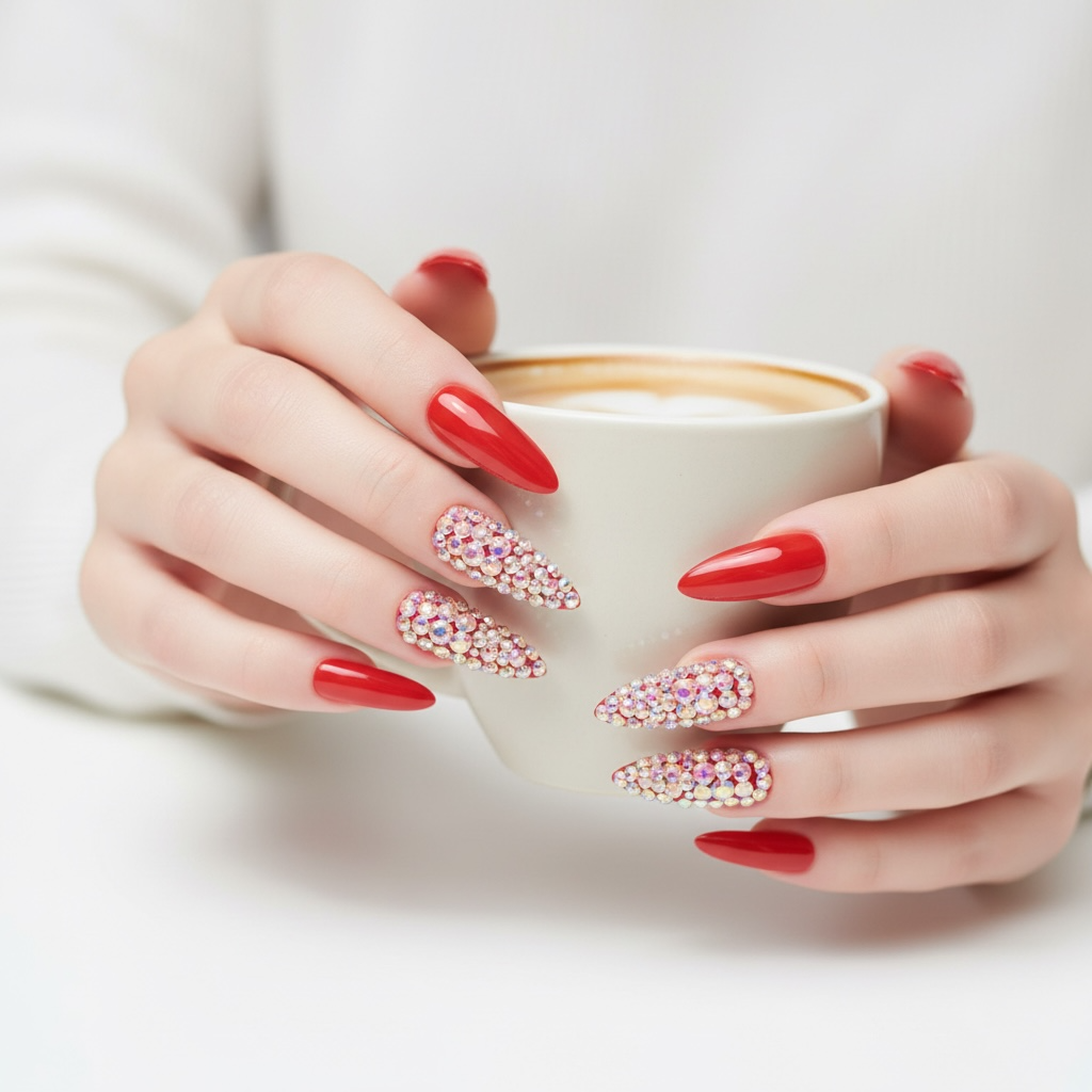 Rouge Glow | Diamond Red | 3D Crystal Design | Nail Art | Glossy | Sharp, Stiletto | Extra Long | Reusable Press On Nails Set