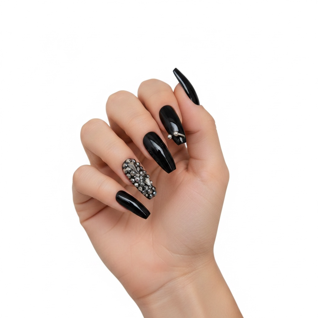 Dark Pixies | Diamond Black | 3D Crystal Gothic Design | Nail Art | Glossy | Ballerina | Extra Long | Reusable Press On Nails Set