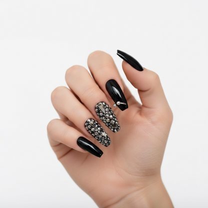 Dark Pixies | Diamond Black | 3D Crystal Gothic Design | Nail Art | Glossy | Ballerina | Extra Long | Reusable Press On Nails Set