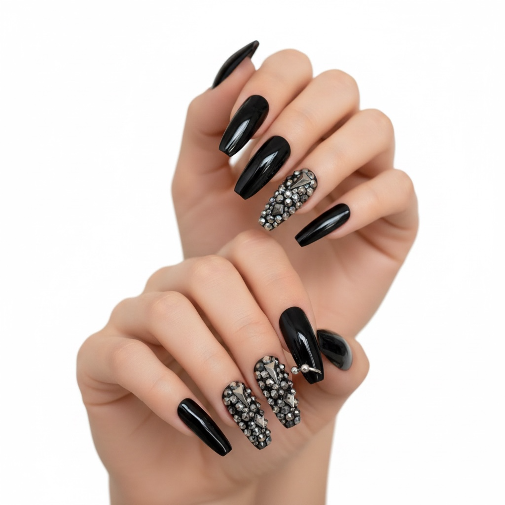 Dark Pixies | Diamond Black | 3D Crystal Gothic Design | Nail Art | Glossy | Ballerina | Extra Long | Reusable Press On Nails Set