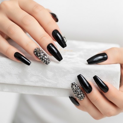 Dark Pixies | Diamond Black | 3D Crystal Gothic Design | Nail Art | Glossy | Ballerina | Extra Long | Reusable Press On Nails Set