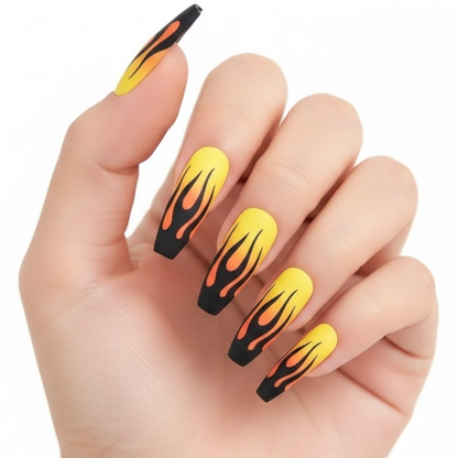 Dancing Heat | Yellow Red Ombre, Black Fire French | Matte | Ballerina | Extra Long | Reusable Press On Nails Set