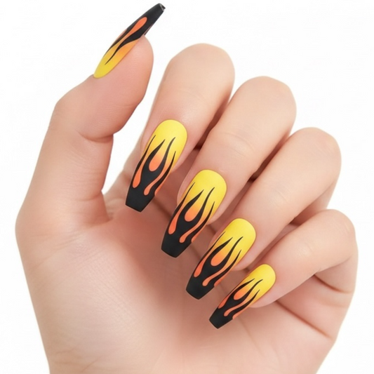 Dancing Heat | Yellow Red Ombre, Black Fire French | Matte | Ballerina | Extra Long | Reusable Press On Nails Set