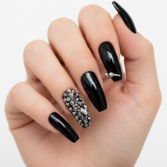 Dark Pixies | Diamond Black | 3D Crystal Gothic Design | Nail Art | Glossy | Ballerina | Extra Long | Reusable Press On Nails Set