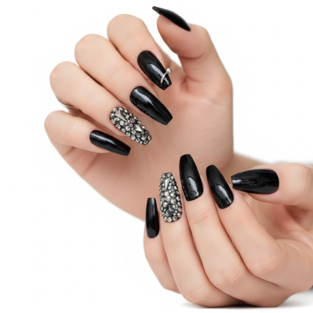 Dark Pixies | Diamond Black | 3D Crystal Gothic Design | Nail Art | Glossy | Ballerina | Extra Long | Reusable Press On Nails Set