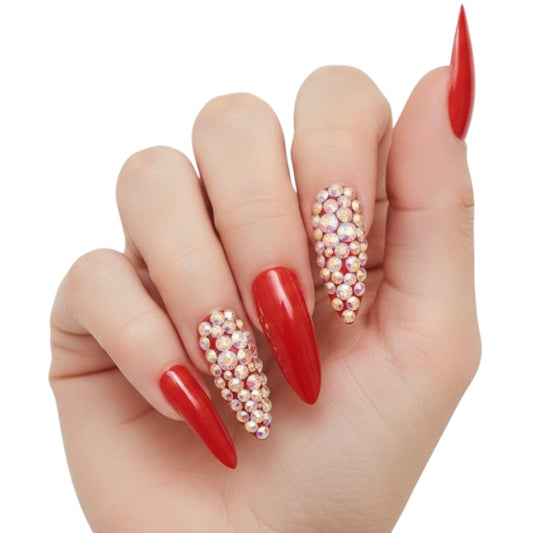 Rouge Glow | Diamond Red | 3D Crystal Design | Nail Art | Glossy | Sharp, Stiletto | Extra Long | Reusable Press On Nails Set