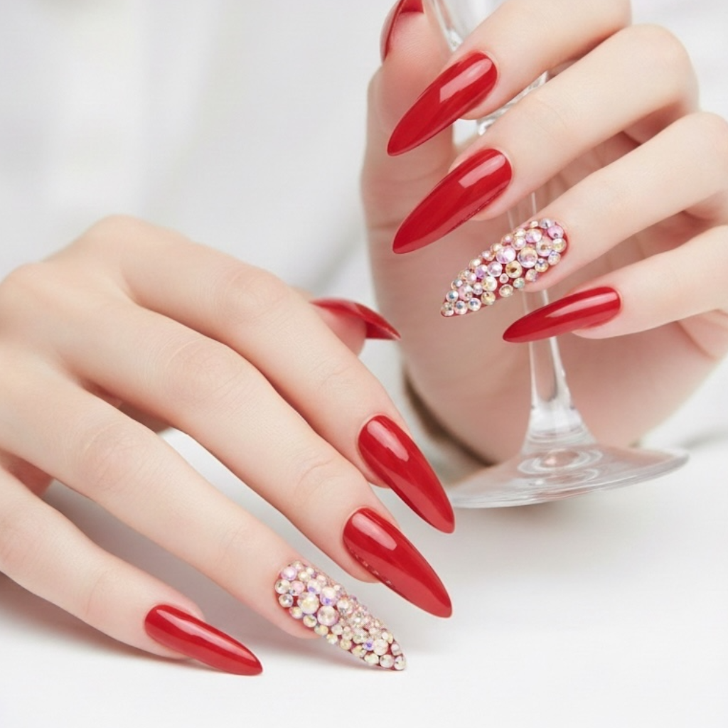 Rouge Glow | Diamond Red | 3D Crystal Design | Nail Art | Glossy | Sharp, Stiletto | Extra Long | Reusable Press On Nails Set