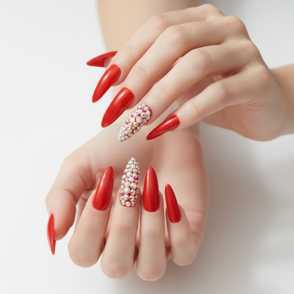 Rouge Glow | Diamond Red | 3D Crystal Design | Nail Art | Glossy | Sharp, Stiletto | Extra Long | Reusable Press On Nails Set