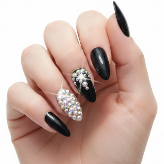 Midnight Magic | Diamond Black | 3D Crystal Design | Nail Art | Glossy | Almond, Stiletto | Long | Reusable Press On Nails Set
