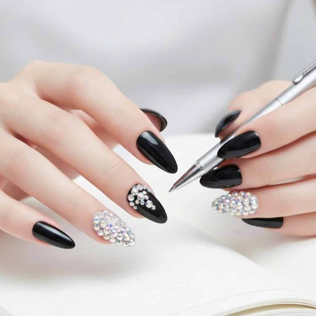 Midnight Magic | Diamond Black | 3D Crystal Design | Nail Art | Glossy | Almond, Stiletto | Long | Reusable Press On Nails Set