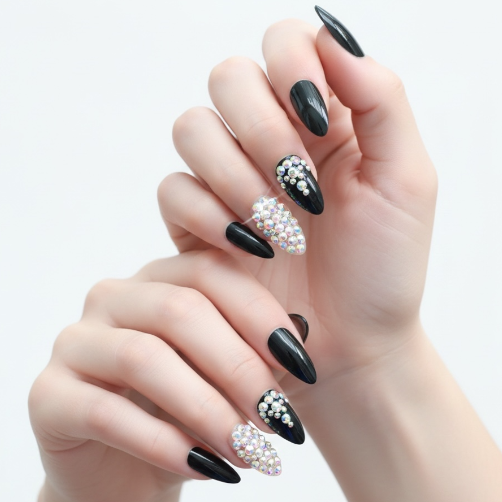 Midnight Magic | Diamond Black | 3D Crystal Design | Nail Art | Glossy | Almond, Stiletto | Long | Reusable Press On Nails Set