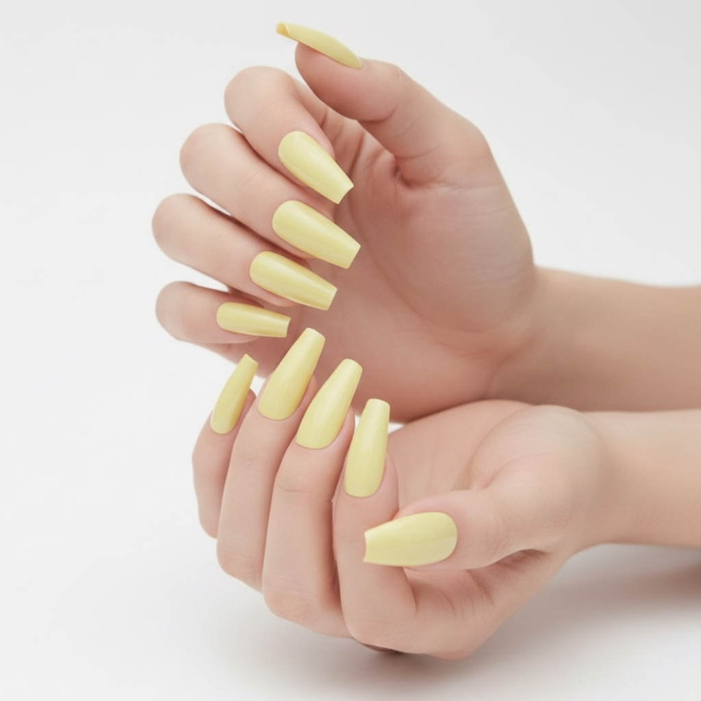 Sunny Ballet | Pastel Yellow | Glossy | Ballerina | Extra Long | Reusable Press On Nails Set
