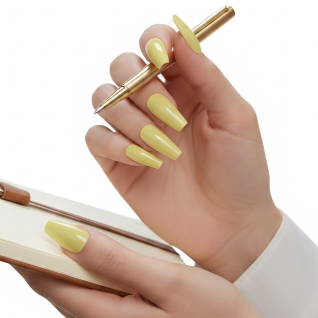 Sunny Ballet | Pastel Yellow | Glossy | Ballerina | Extra Long | Reusable Press On Nails Set