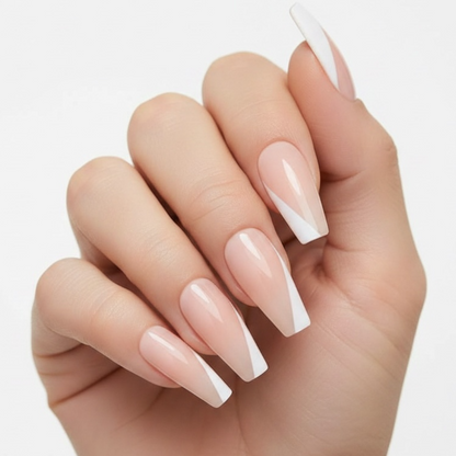 Pure Elegance | Natural | Nude Pink, White French | Glossy | Ballerina | Extra Long | Reusable Press On Nails Set