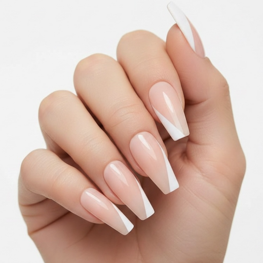 Pure Elegance | Natural | Nude Pink, White French | Glossy | Ballerina | Extra Long | Reusable Press On Nails Set