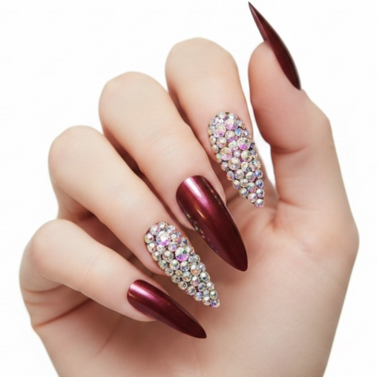 Merlot Kiss | Diamond Red Burgundy | 3D Crystal Design | Nail Art | Glossy | Sharp, Stiletto | Extra Long | Reusable Press On Nails Set