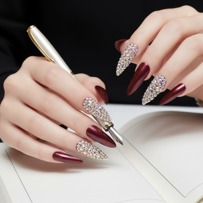 Merlot Kiss | Diamond Red Burgundy | 3D Crystal Design | Nail Art | Glossy | Sharp, Stiletto | Extra Long | Reusable Press On Nails Set