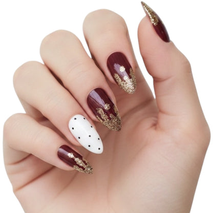Chic Circus | Dark Red Burgundy White Gold French | Glossy | Almond Stiletto | Long | Reusable Press On Nails Set