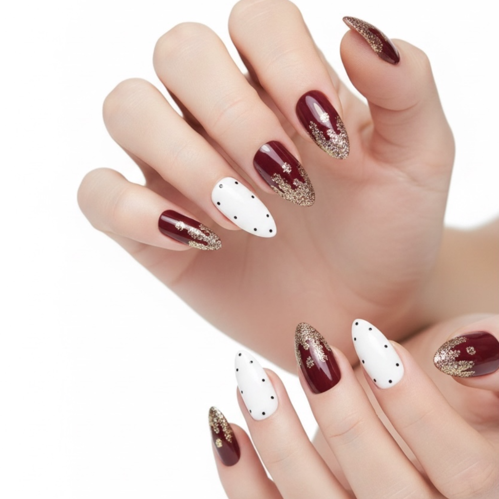 Chic Circus | Dark Red Burgundy White Gold French | Glossy | Almond Stiletto | Long | Reusable Press On Nails Set