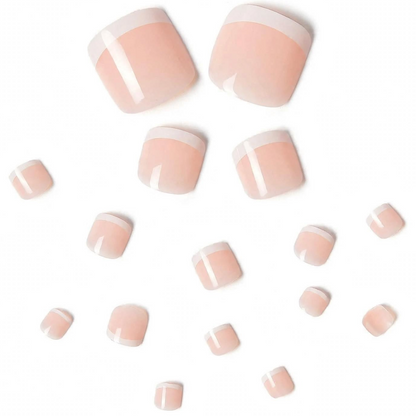 Classic Glamour | Nude Pink White French | Glossy | Square | Short, Medium | Reusable Press On Toenails Pedicure Set