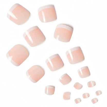 Classic Glamour | Nude Pink White French | Glossy | Square | Short, Medium | Reusable Press On Toenails Pedicure Set