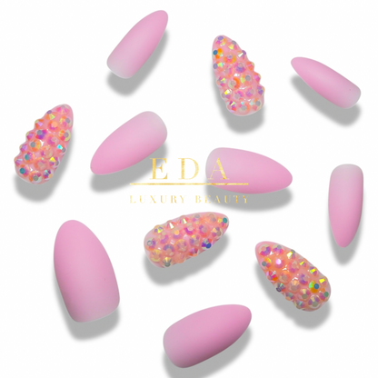 Bubblegum Sugar | Diamond Pink | 3D Crystal Design | Nail Art | Matte | Stiletto | Long | Reusable Press On Nails Set