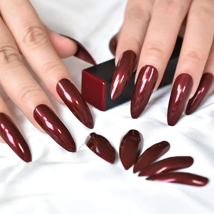 Passion Belle | Dark Red Burgundy | Glossy | Sharp, Stiletto | Extra Long | Reusable Press On Nails Set
